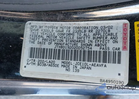 2002 Lexus Is 300 z USA, uszkodzony, nr VIN JTHBD192020052754